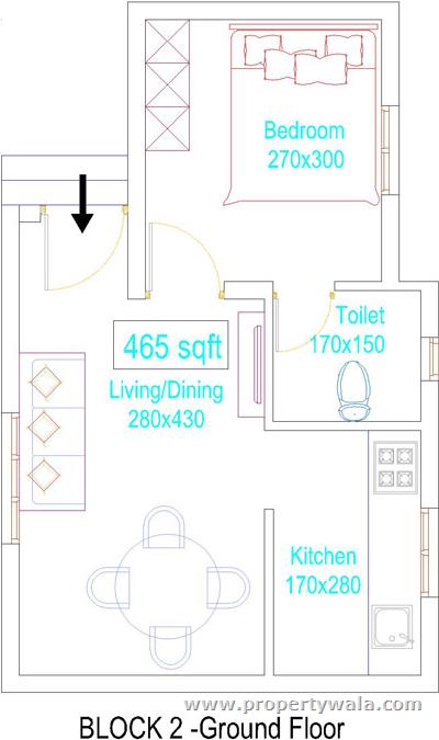 2BHK 820 Sq Ft Floor Plan