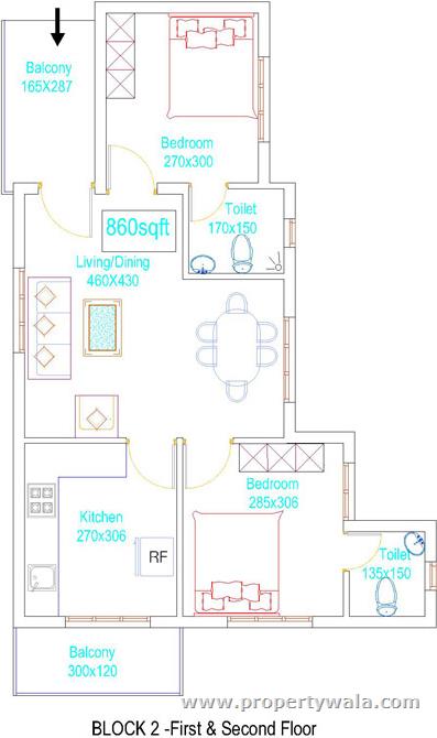 2BHK 840 Sq Ft Floor Plan