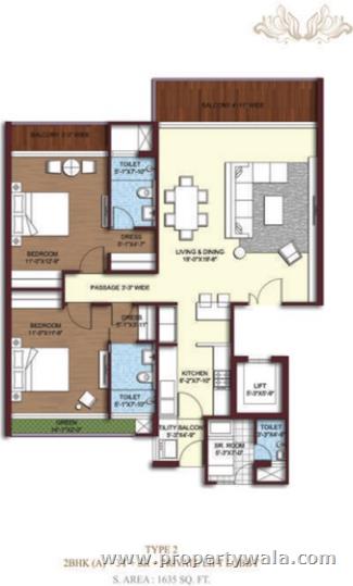 2BHK Floor Plan 1635 Sq Ft